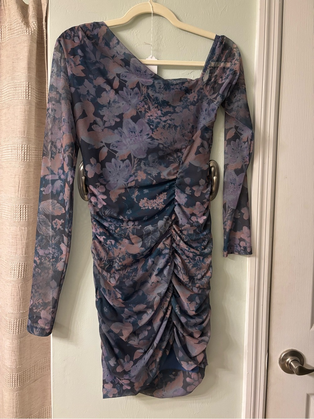 Free People Navy and Mauve Floral Ruched Long Sleeve Dress
